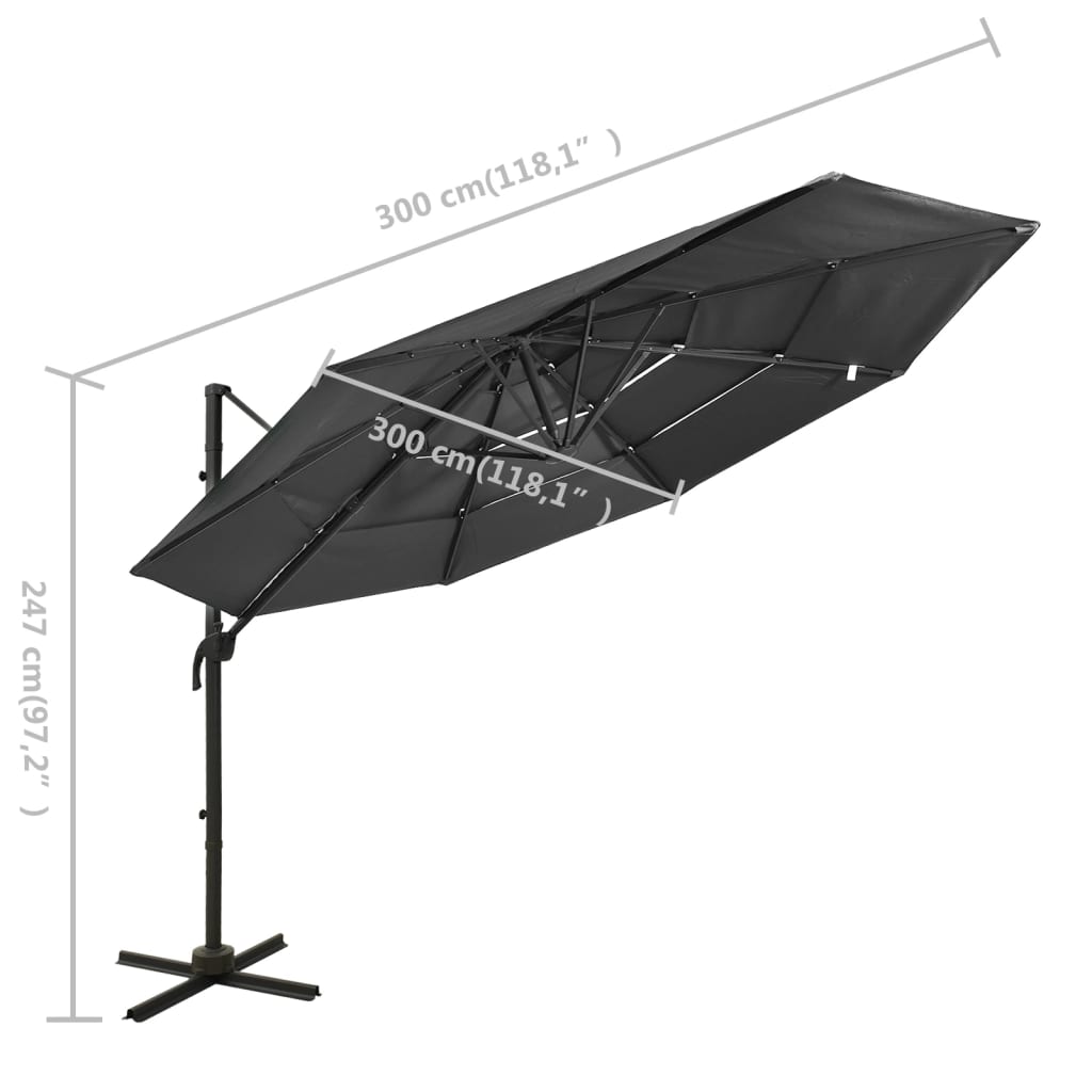 parasol 3x3 m aluminiumsstang 4 niveauer antracitgrå