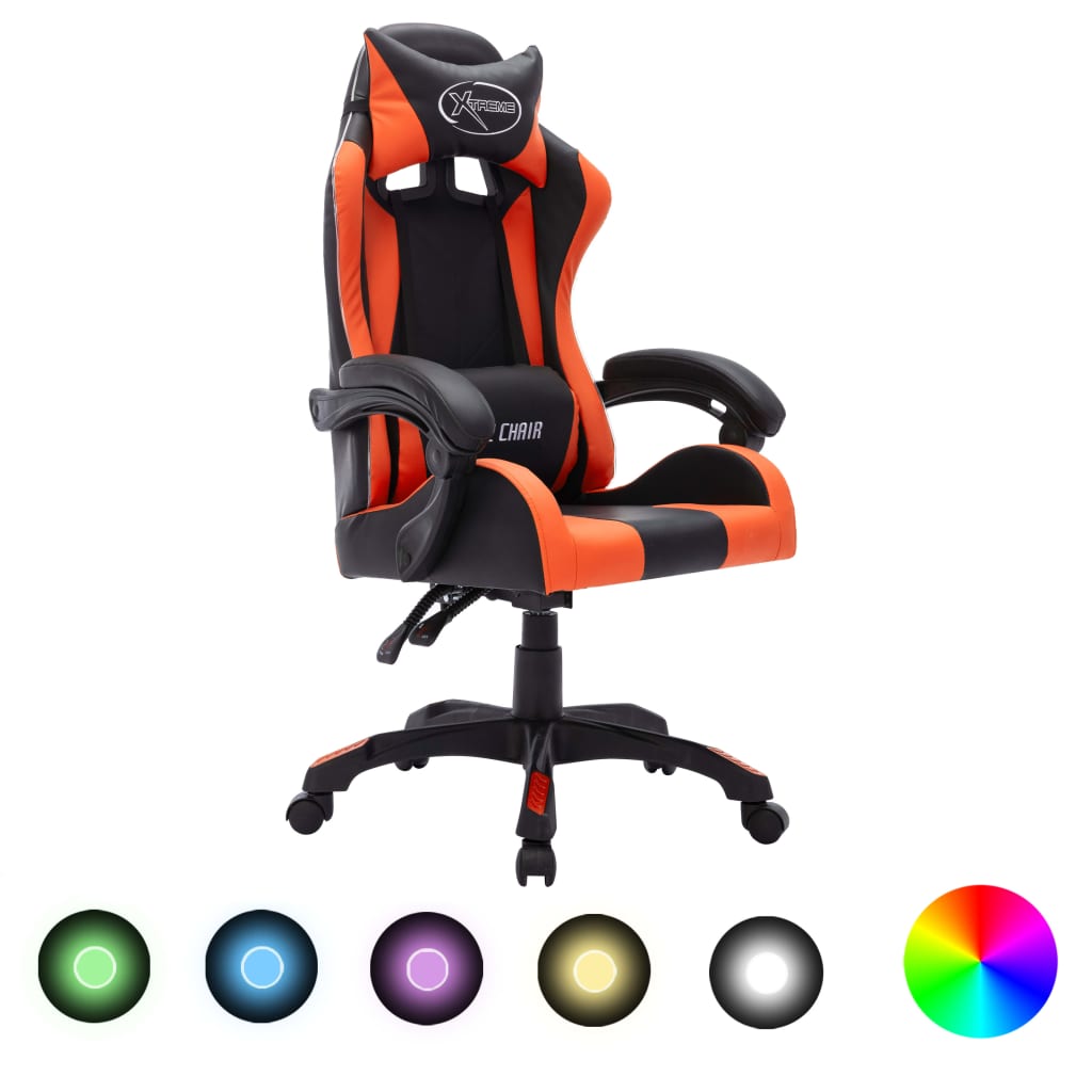 gamingstol m. LED-lys RGB-farver kunstlæder orange og sort