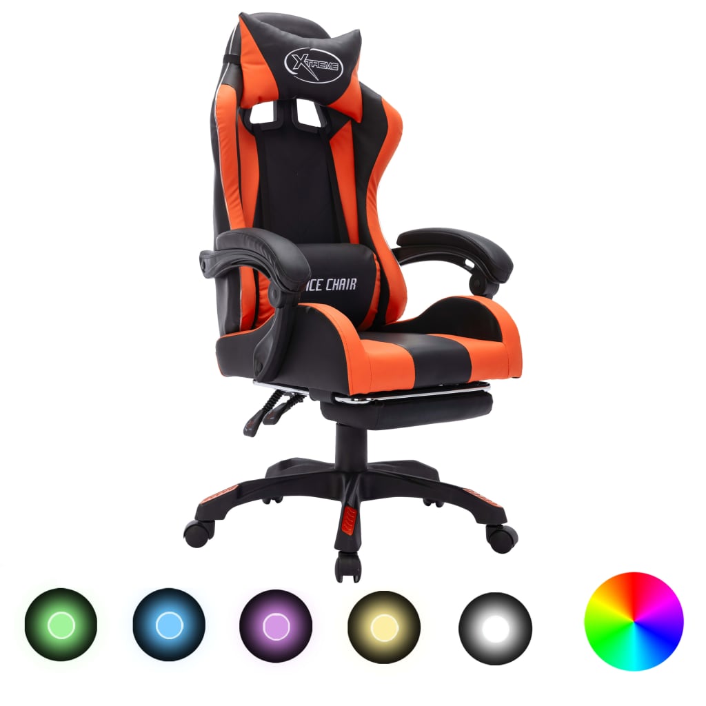 gamingstol m. LED-lys RGB-farver kunstlæder orange og sort