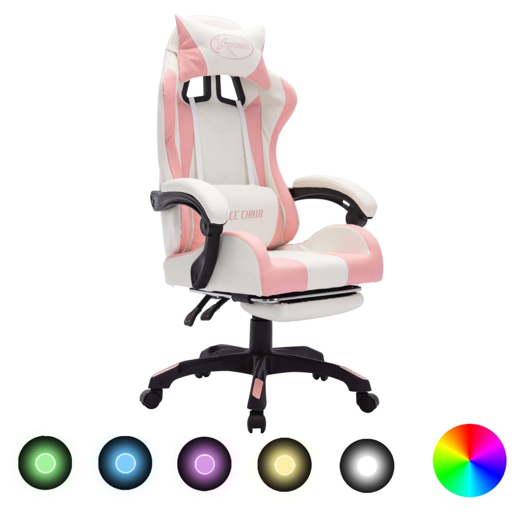 gamingstol med LED-lys RGB-farver kunstlæder pink og hvid