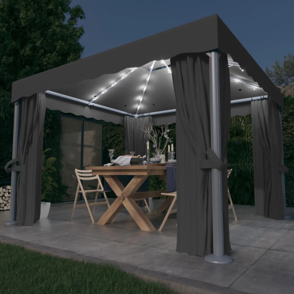 pavillon med gardin og LED-lyskæder 3x3 m antracitgrå