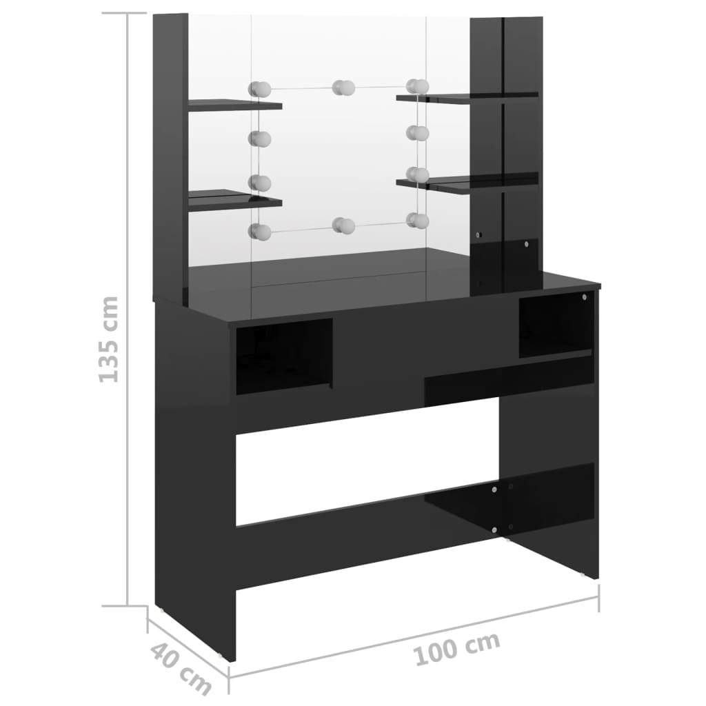 makeupbord med LED-lys 100x40x135 cm MDF blank sort