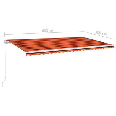 markise m. LED-lys 600x300 cm manuel betjening orange og brun