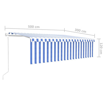 markise m. gardin+LED+vindsensor 5x3 m automatisk blå og hvid