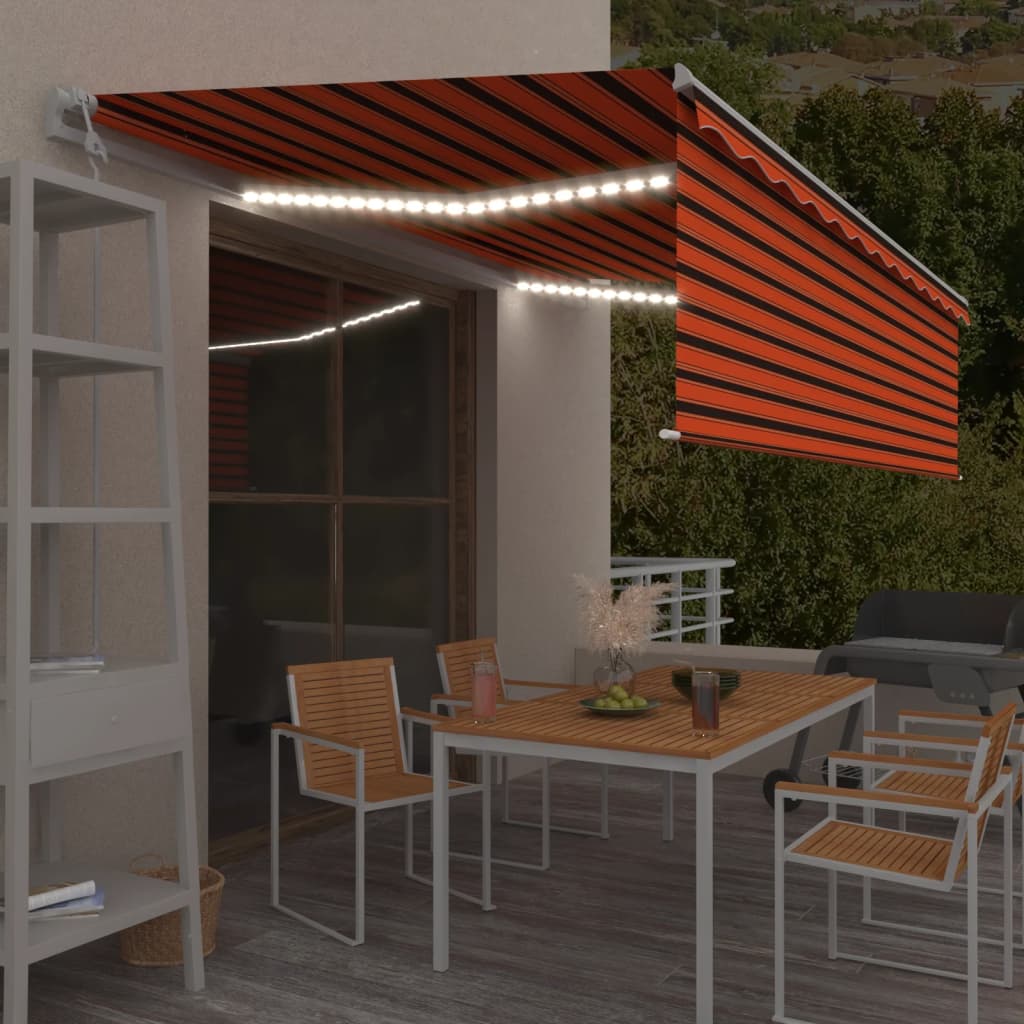 markise m. gardin+LED+vindsensor 5x3 m automatisk orange/brun