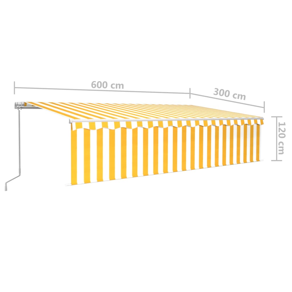 markise m. gardin + LED 6x3 m manuel betjening gul og hvid