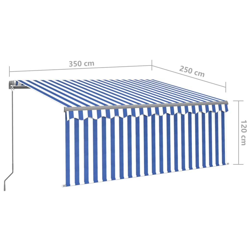 markise m. gardin + LED 3,5x2,5 m manuel betjening blå og hvid