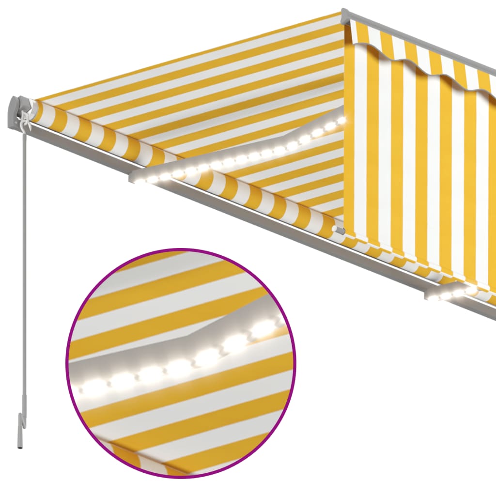 markise m. gardin+LED+vindsensor 4,5x3 m automatisk gul og hvid