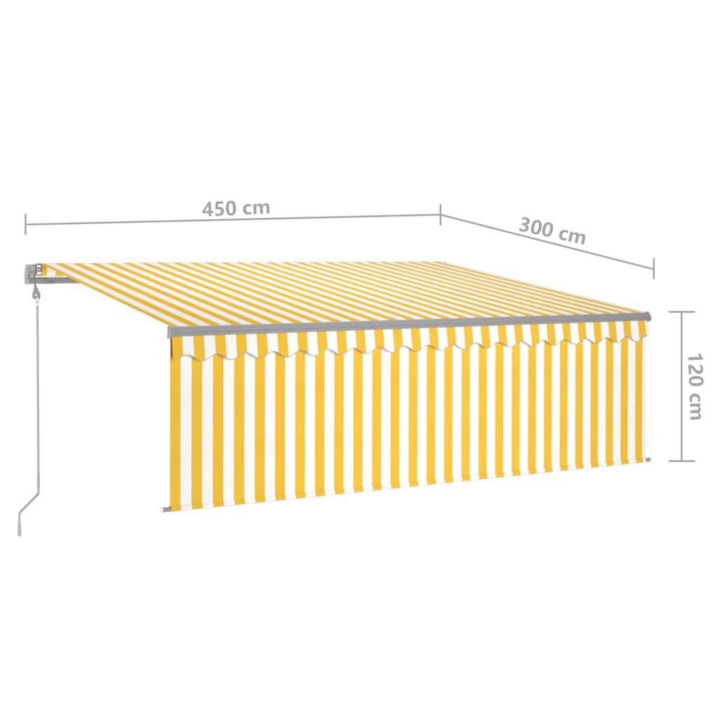 markise m. gardin+LED+vindsensor 4,5x3 m automatisk gul og hvid