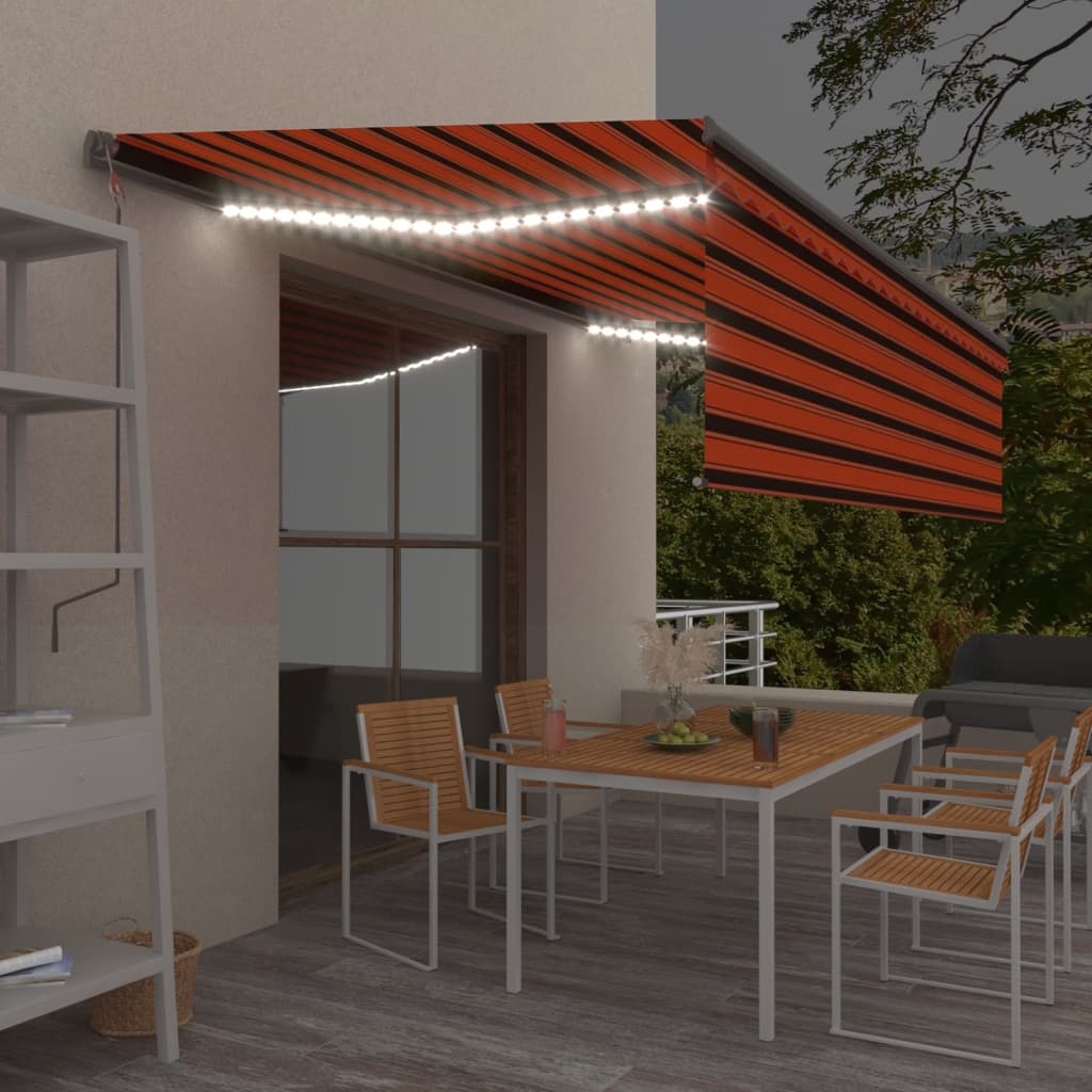 markise m. gardin+LED+vindsensor 5x3 m automatisk orange/brun