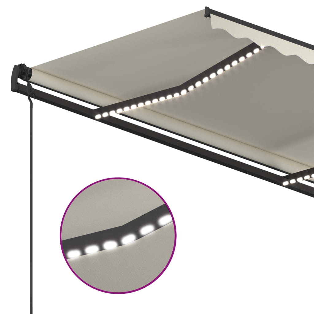 markise med LED-lys 5x3,5 m manuel betjening cremefarvet