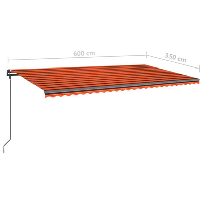 markise m. LED-lys 6x3,5 m manuel betjening orange og brun