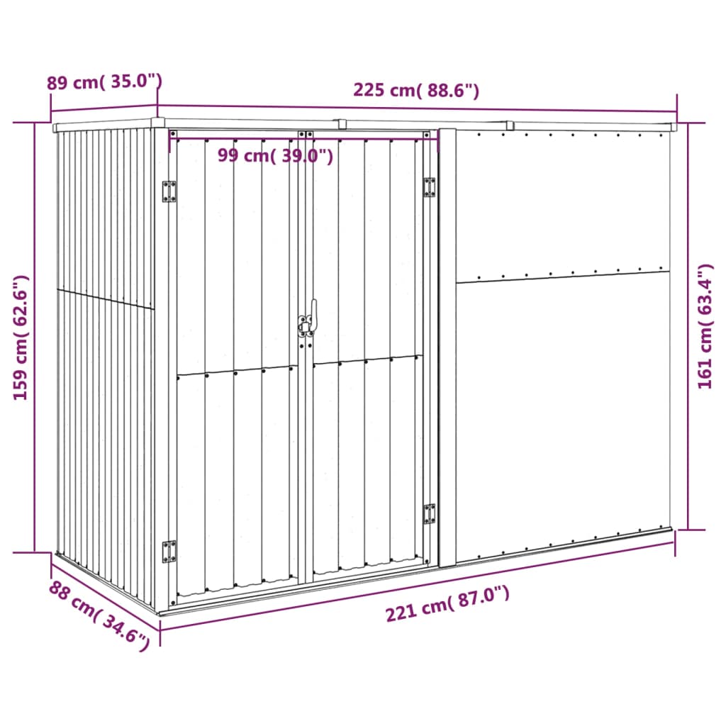 redskabsskur til haven 225x89x161 cm galvaniseret stål antracit