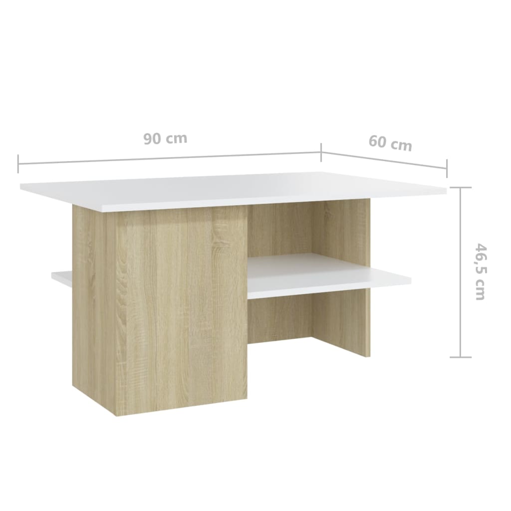 sofabord 90x60x46,5 cm konstrueret træ hvid og sonoma-eg