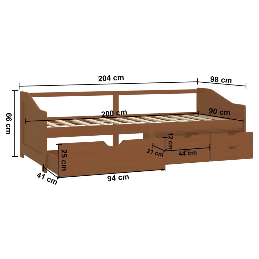 3-personers daybed skuffer 90x200cm massivt fyrretræ gyldenbrun