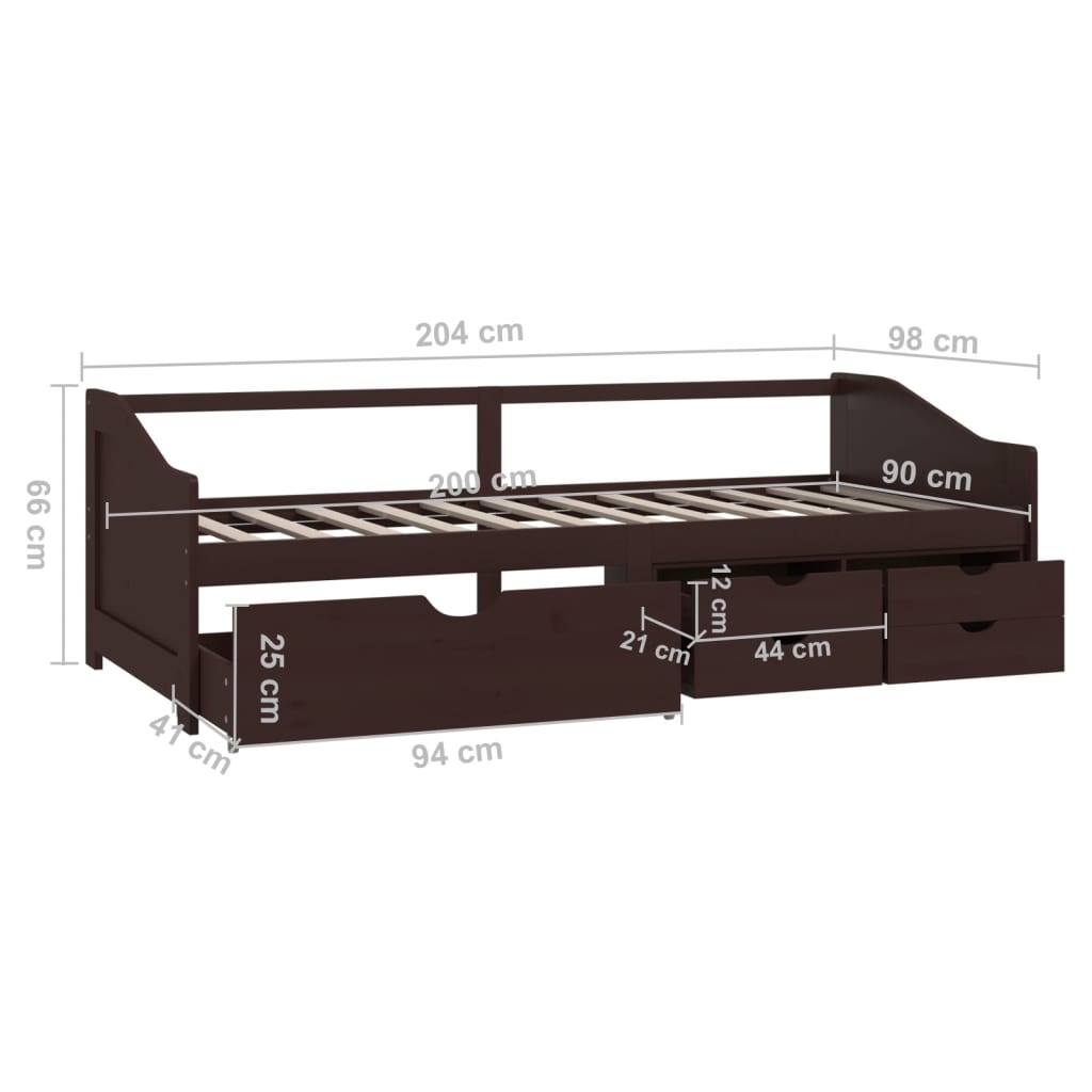 3-personers daybed skuffer 90x200 cm massivt fyrretræ mørkebrun