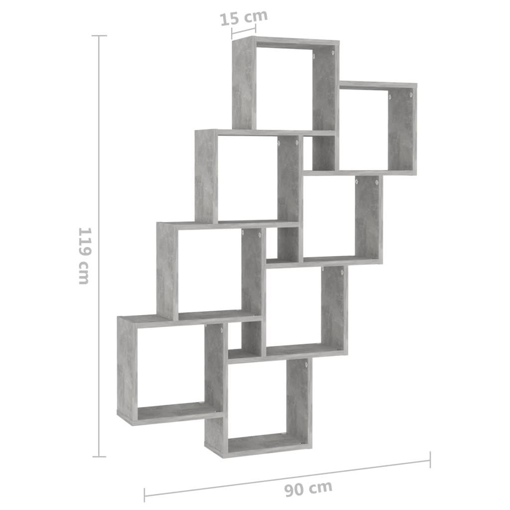 væghylde 90x15x119 cm kubeformet konstrueret træ betongrå