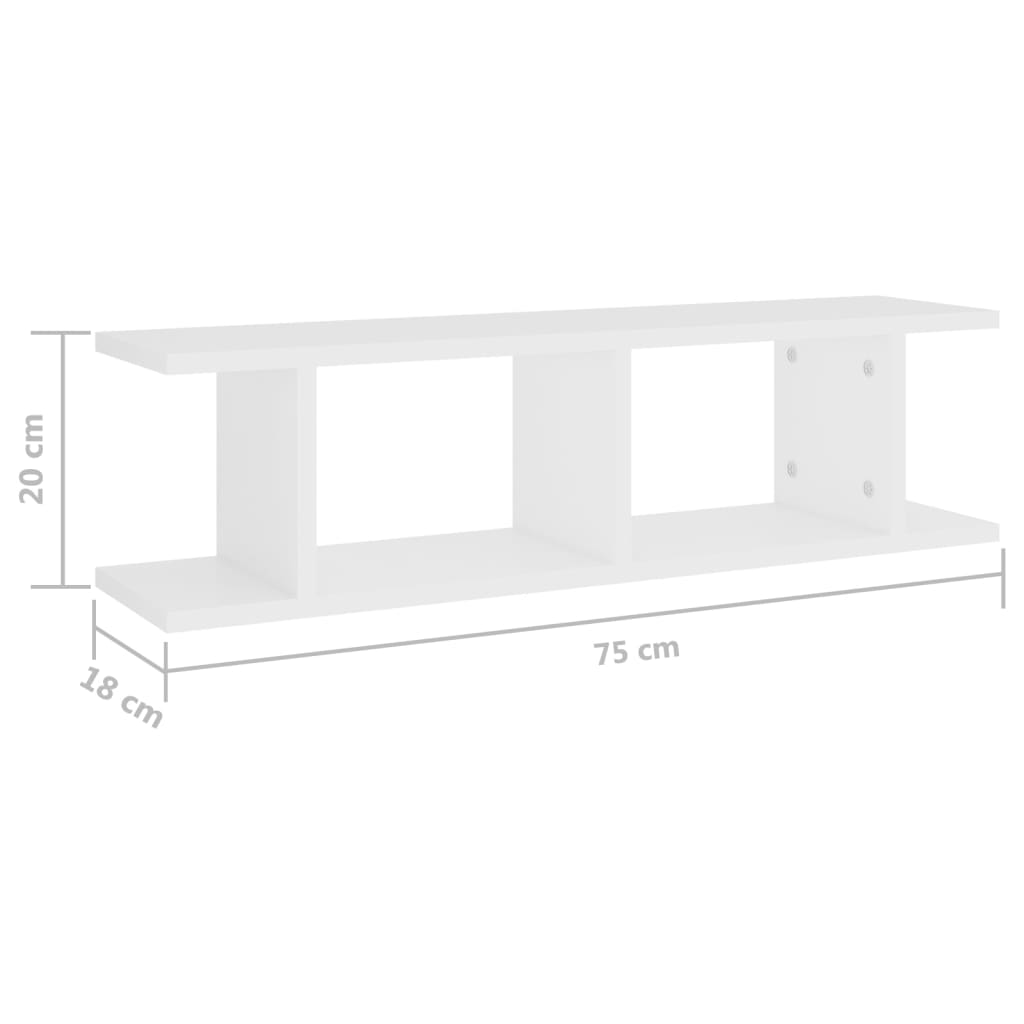 væghængte kubehylder 2 stk. 75x18x20 cm konstrueret træ hvid