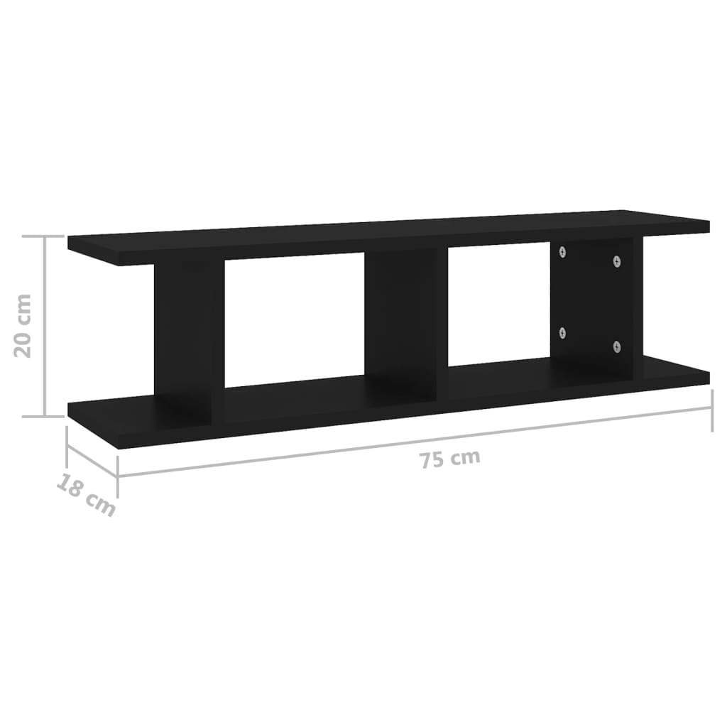 væghængte kubehylder 2 stk. 75x18x20 cm konstrueret træ sort