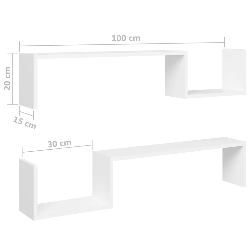 væghængte hylder 2 stk. 100x15x20 konstrueret træ hvid