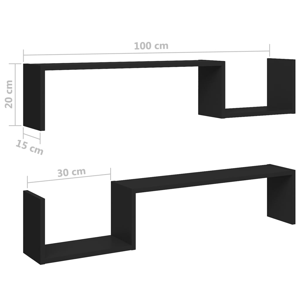 væghængte kubehylder 2 stk. 100x15x20 cm konstrueret træ sort