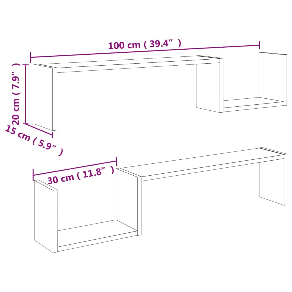 væghylder 2 stk. 100x15x20 cm konstrueret træ betongrå