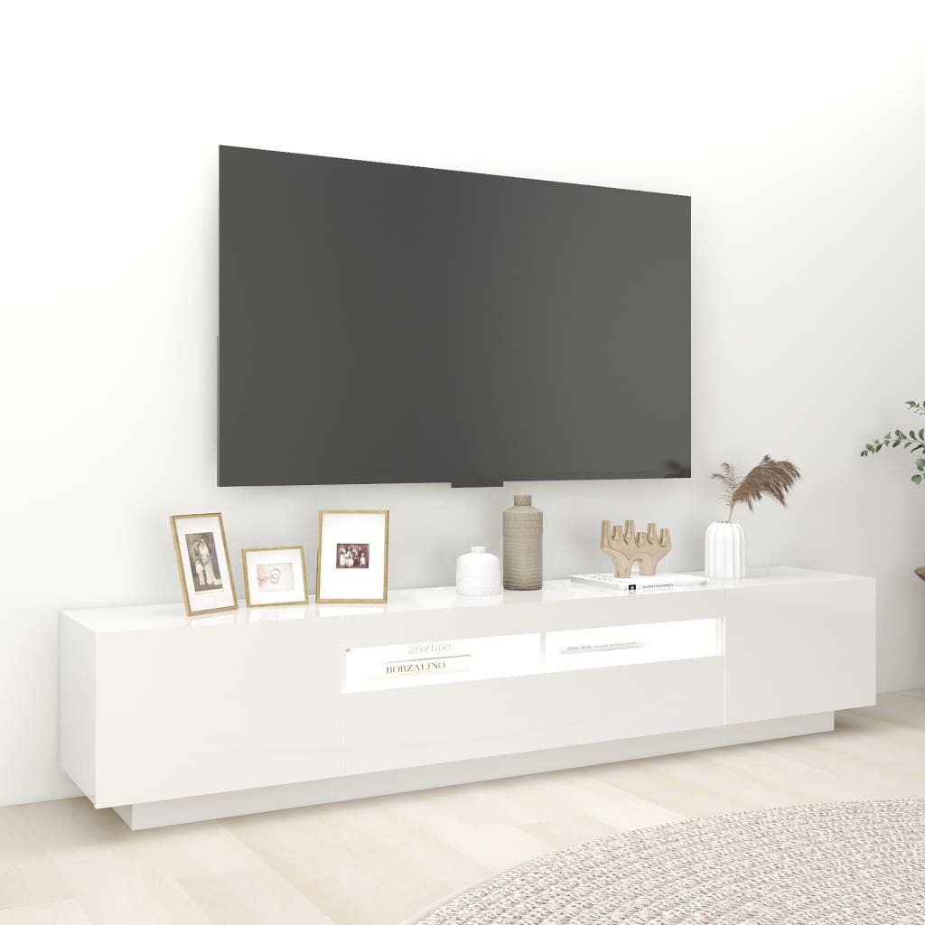 tv-skab med LED-lys 200x35x40 cm hvid højglans