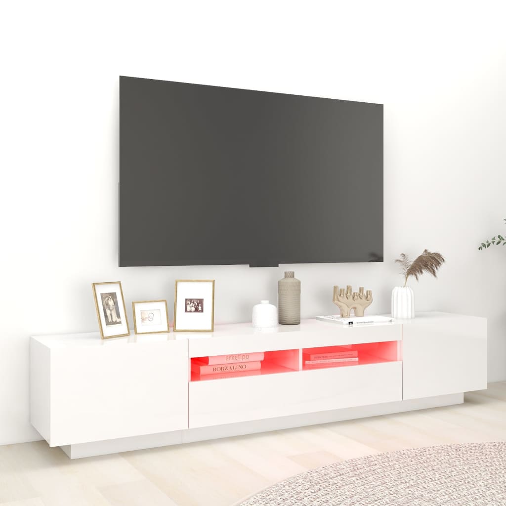 tv-skab med LED-lys 200x35x40 cm hvid højglans