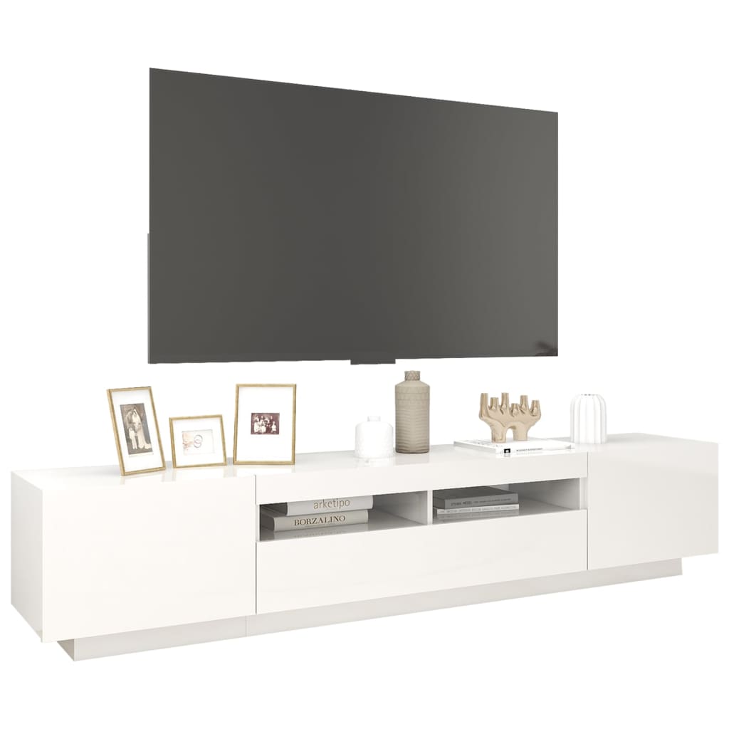 tv-skab med LED-lys 200x35x40 cm hvid højglans