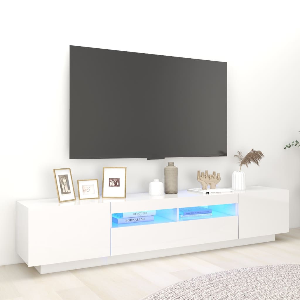 tv-skab med LED-lys 200x35x40 cm hvid højglans