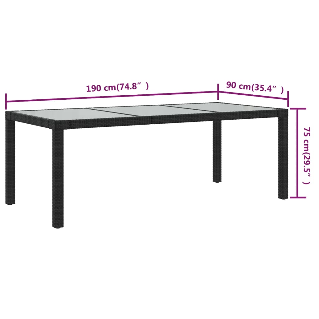 havebord 190x90x75 cm hærdet glas og polyrattan sort