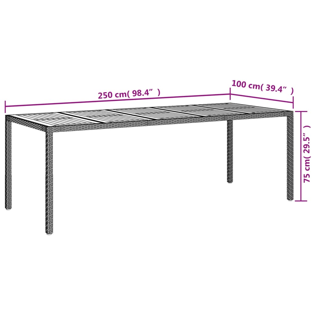 havebord 250x100x75 cm polyrattan sort