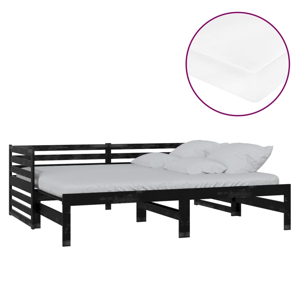 daybed med udtræk 2x(90x200) cm massivt fyrretræ sort