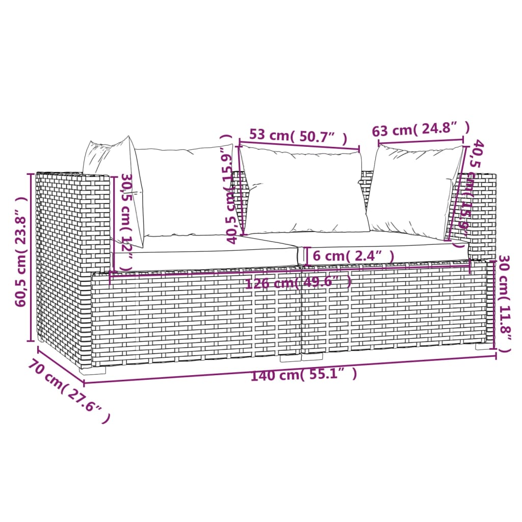 2-personers sofa med hynder polyrattan sort