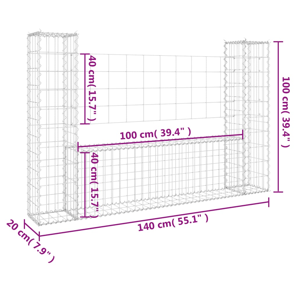 gabionkurv med 2 stolper 140x20x100 cm U-facon jern