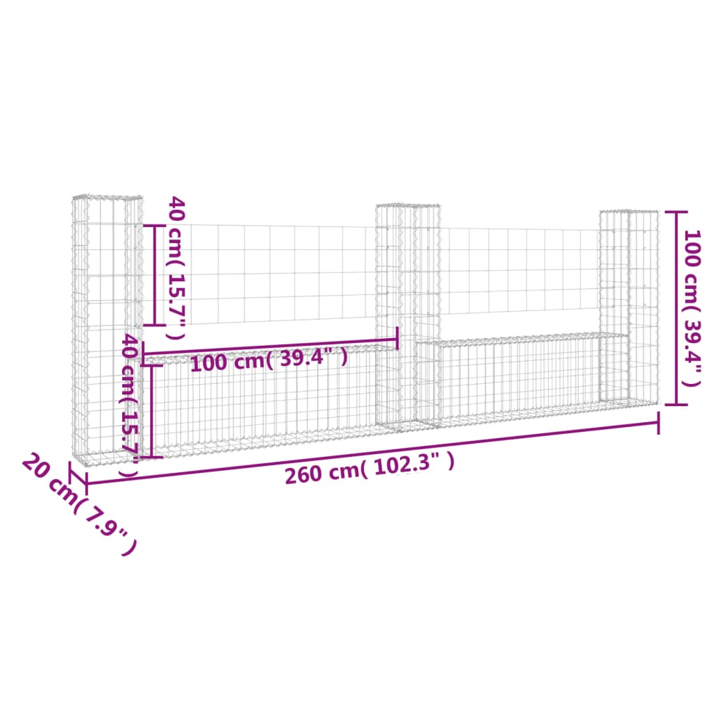 gabionkurv med 3 stolper 260x20x100 cm U-facon jern