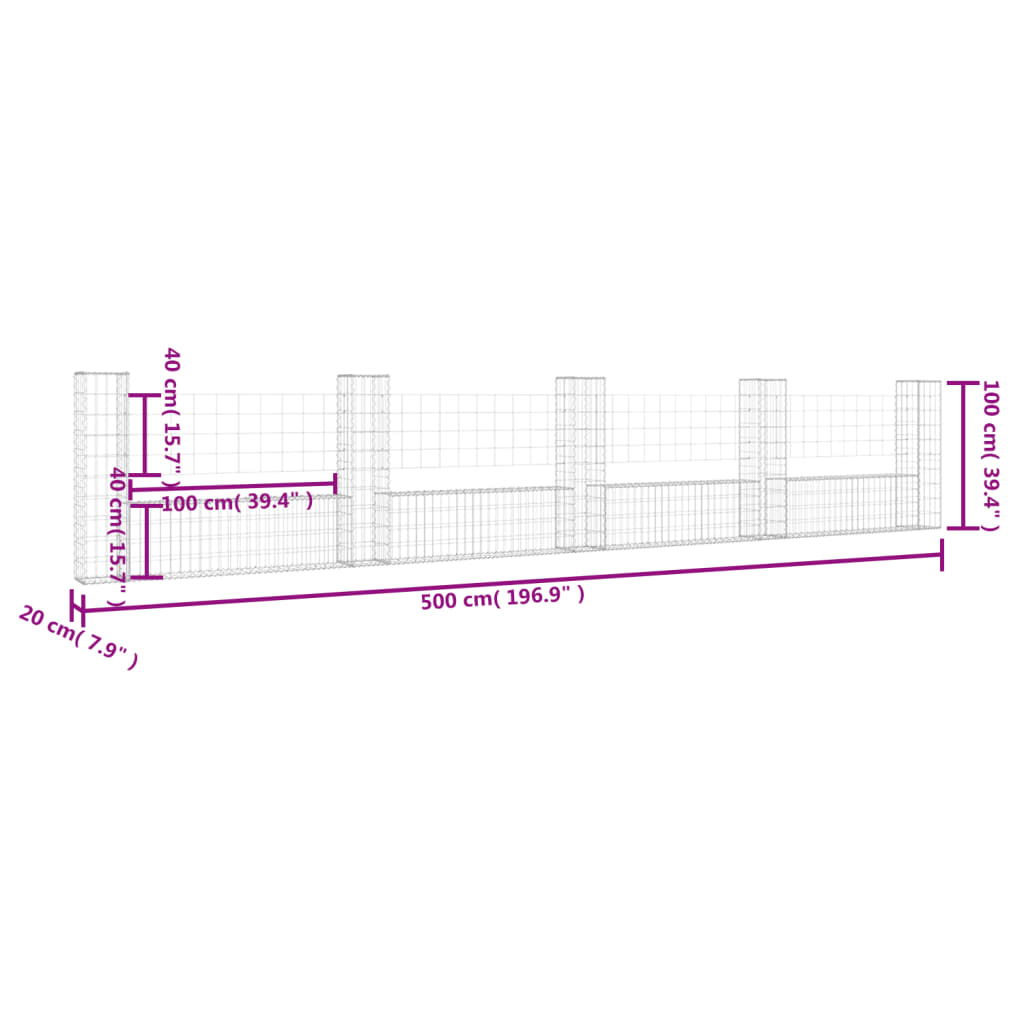 gabionkurv med 5 stolper 500x20x100 cm U-facon jern