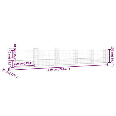 gabionkurv med 6 stolper 620x20x150 cm U-facon jern