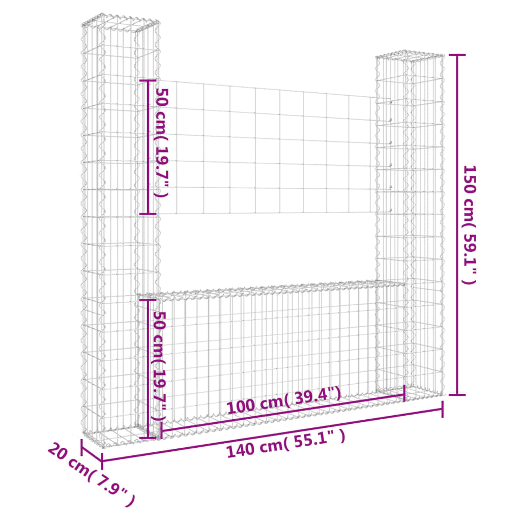 gabionkurv med 2 stolper 140x20x150 cm U-facon jern