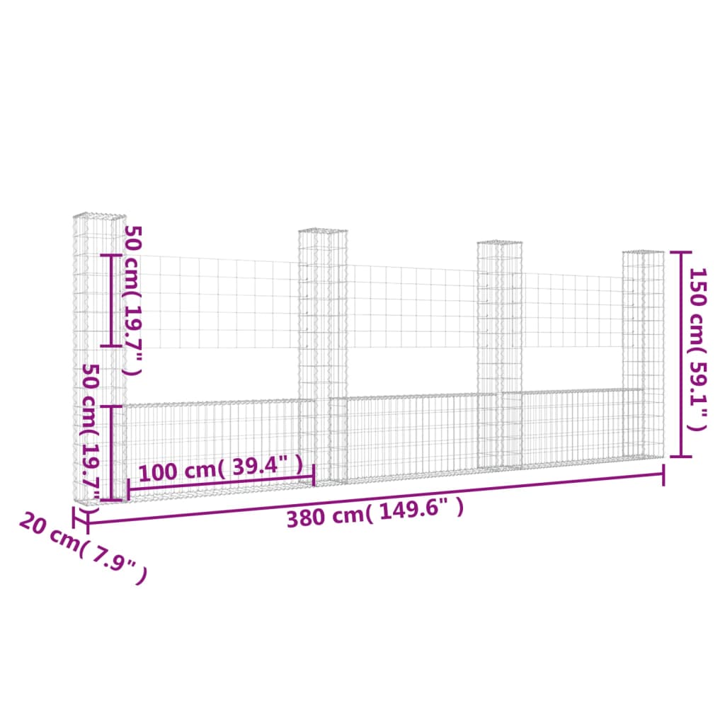 gabionkurv med 4 stolper 380x20x150 cm U-facon jern