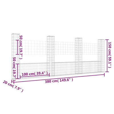 gabionkurv med 4 stolper 380x20x150 cm U-facon jern