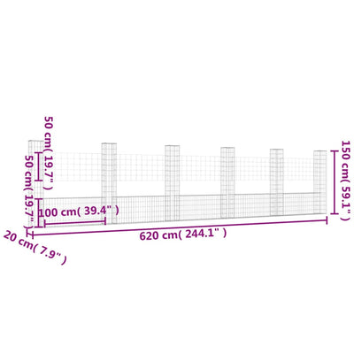 gabionkurv med 6 stolper 620x20x150 cm U-facon jern