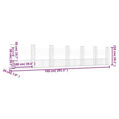 gabionkurv med 7 stolper 740x20x150 cm U-facon jern