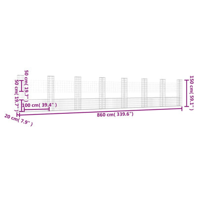 gabionkurv med 8 stolper 860x20x150 cm U-facon jern