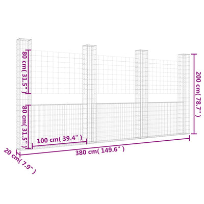 gabionkurv med 4 stolper 380x20x200 cm U-facon jern