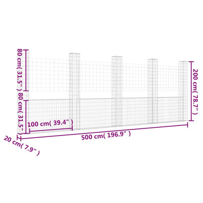 gabionkurv med 5 stolper 500x20x200 cm U-facon jern