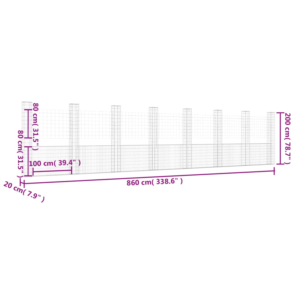 gabionkurv med 8 stolper 860x20x200 cm U-facon jern