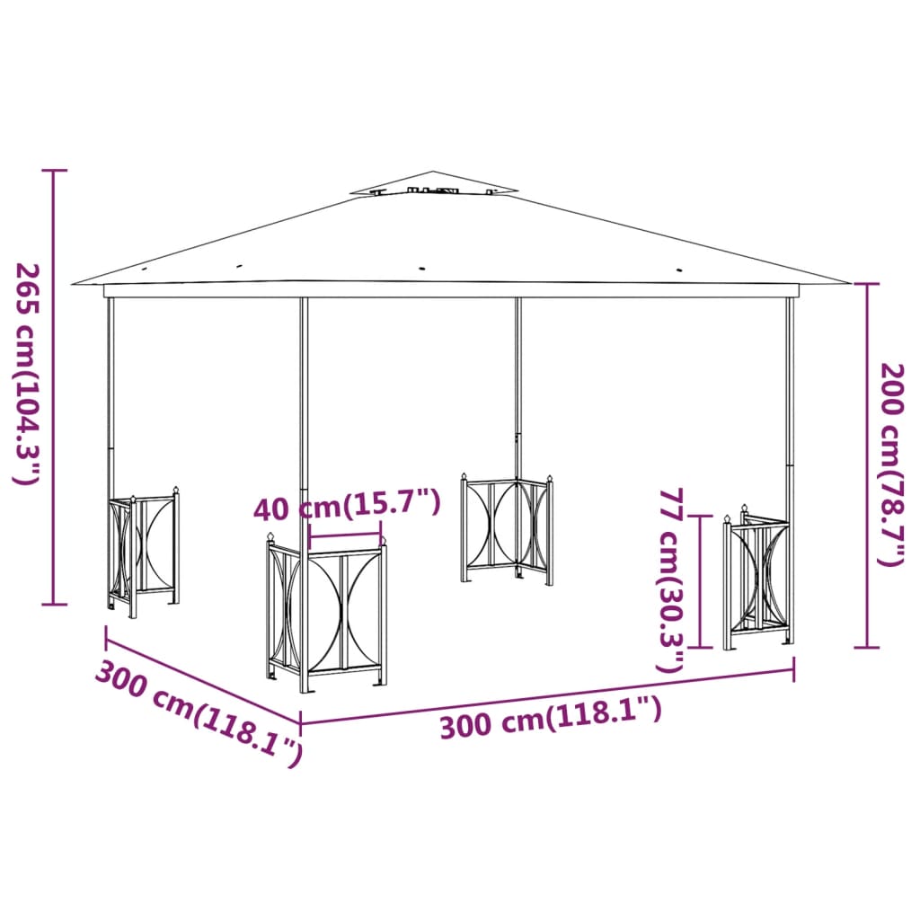 pavillon med sidevægge og dobbelttag 3x3 m antracitgrå