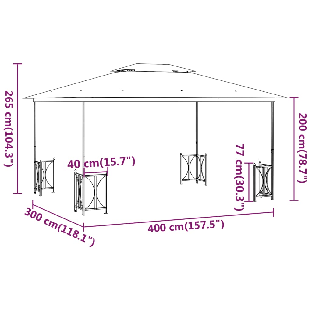 pavillon med sidevægge og dobbelttag 3x4 m antracitgrå