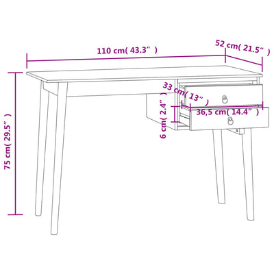 skrivebord med 2 skuffer 110x52x75 cm massivt teaktræ